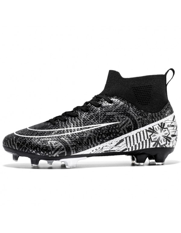 Men Kids's Soccer Cleats Football Shoes with High Tops Lace Up Non Slip Short FG Black