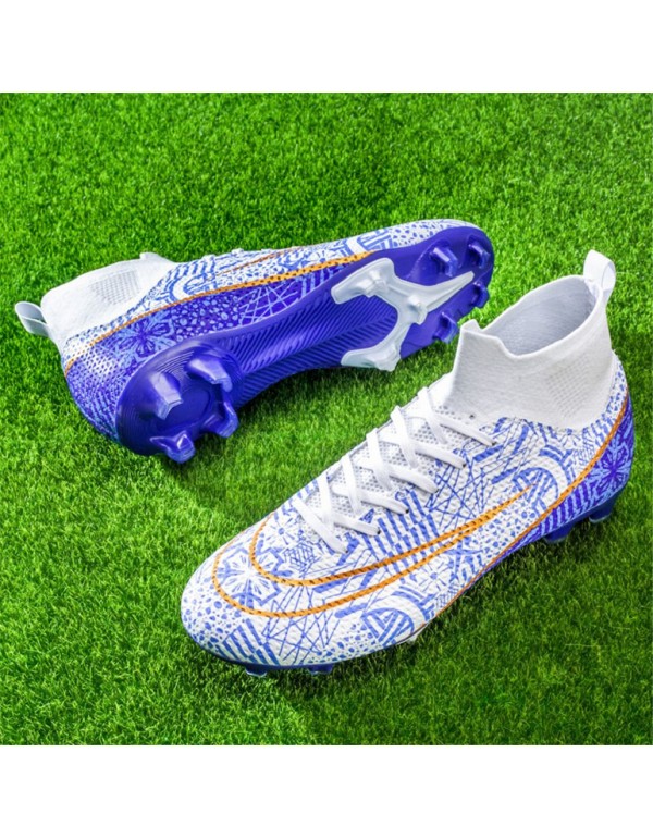 Men Kids's Soccer Shoes High Top Soccer Cleats Outdoor Breathable Athletic Professional Spikes Youth Boys Football Shoes Unisex FG White