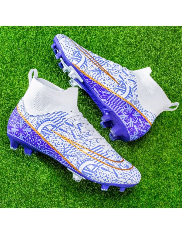 Men Kids's Soccer Shoes High Top Soccer Cleats Outdoor Breathable Athletic Professional Spikes Youth Boys Football Shoes Unisex FG White