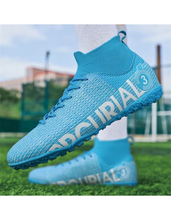 Men Kids's Soccer Cleats Football Shoes with High Tops Lace Up Non Slip Short TF Blue