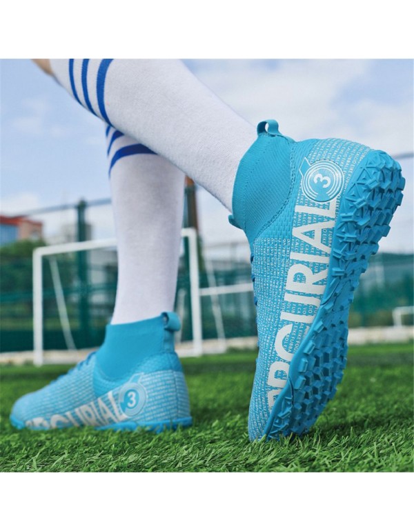 Men Kids's Soccer Cleats Football Shoes with High Tops Lace Up Non Slip Short TF Blue