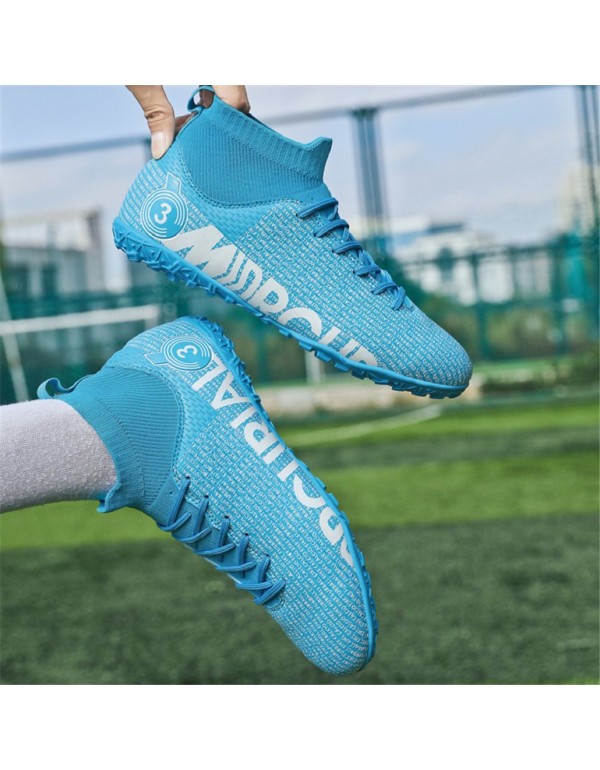 Men Kids's Soccer Cleats Football Shoes with High Tops Lace Up Non Slip Short TF Blue