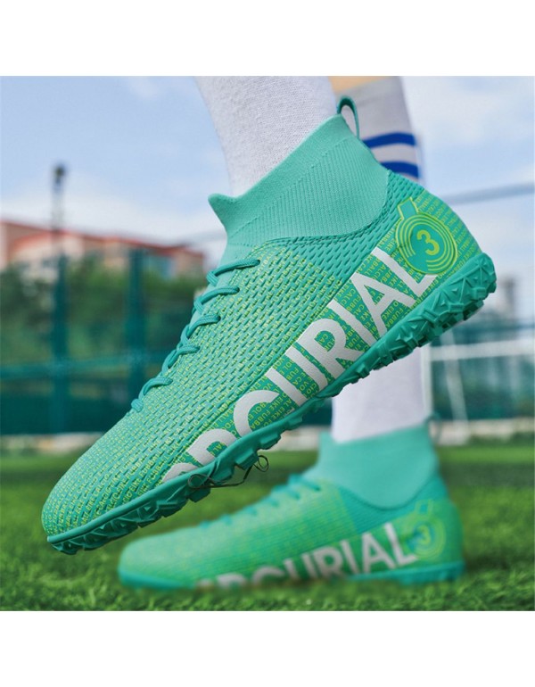 Men Kids's Soccer Shoes Football Cleats High Tops Lace Up Non Slip Spikes Outdoor Baseball Lacrosse Rugby Combat Boots TF Green