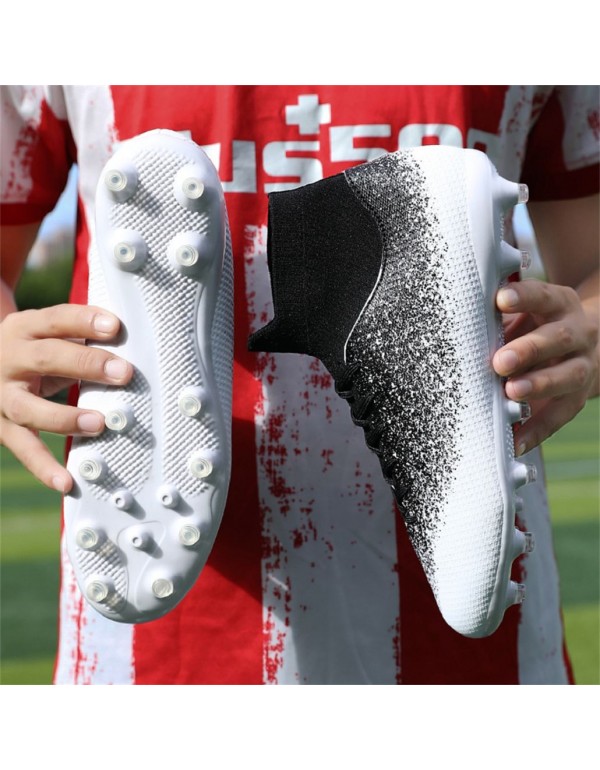 Men Kids's Soccer Shoes High Top Soccer Cleats Outdoor Breathable Athletic Professional Spikes Youth Boys Football Shoes Unisex AG Black White