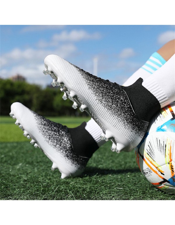 Men Kids's Soccer Shoes High Top Soccer Cleats Outdoor Breathable Athletic Professional Spikes Youth Boys Football Shoes Unisex AG Black White