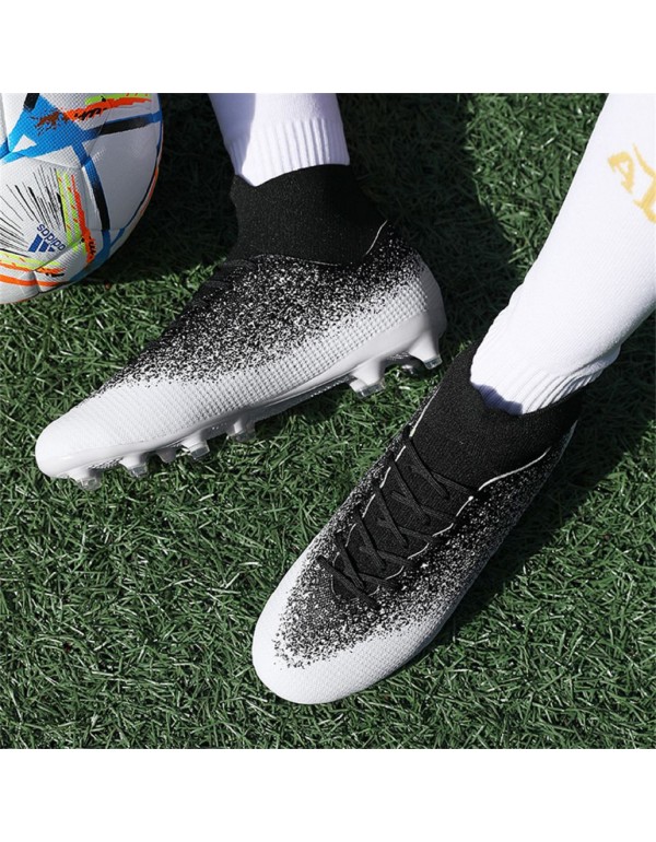 Men Kids's Soccer Shoes High Top Soccer Cleats Outdoor Breathable Athletic Professional Spikes Youth Boys Football Shoes Unisex AG Black White