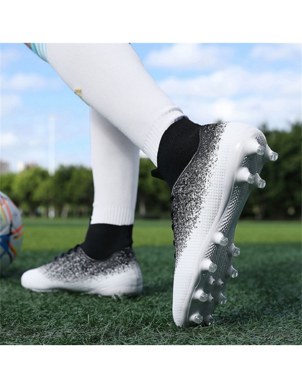 Men Kids's Soccer Shoes High Top Soccer Cleats Outdoor Breathable Athletic Professional Spikes Youth Boys Football Shoes Unisex AG Black White